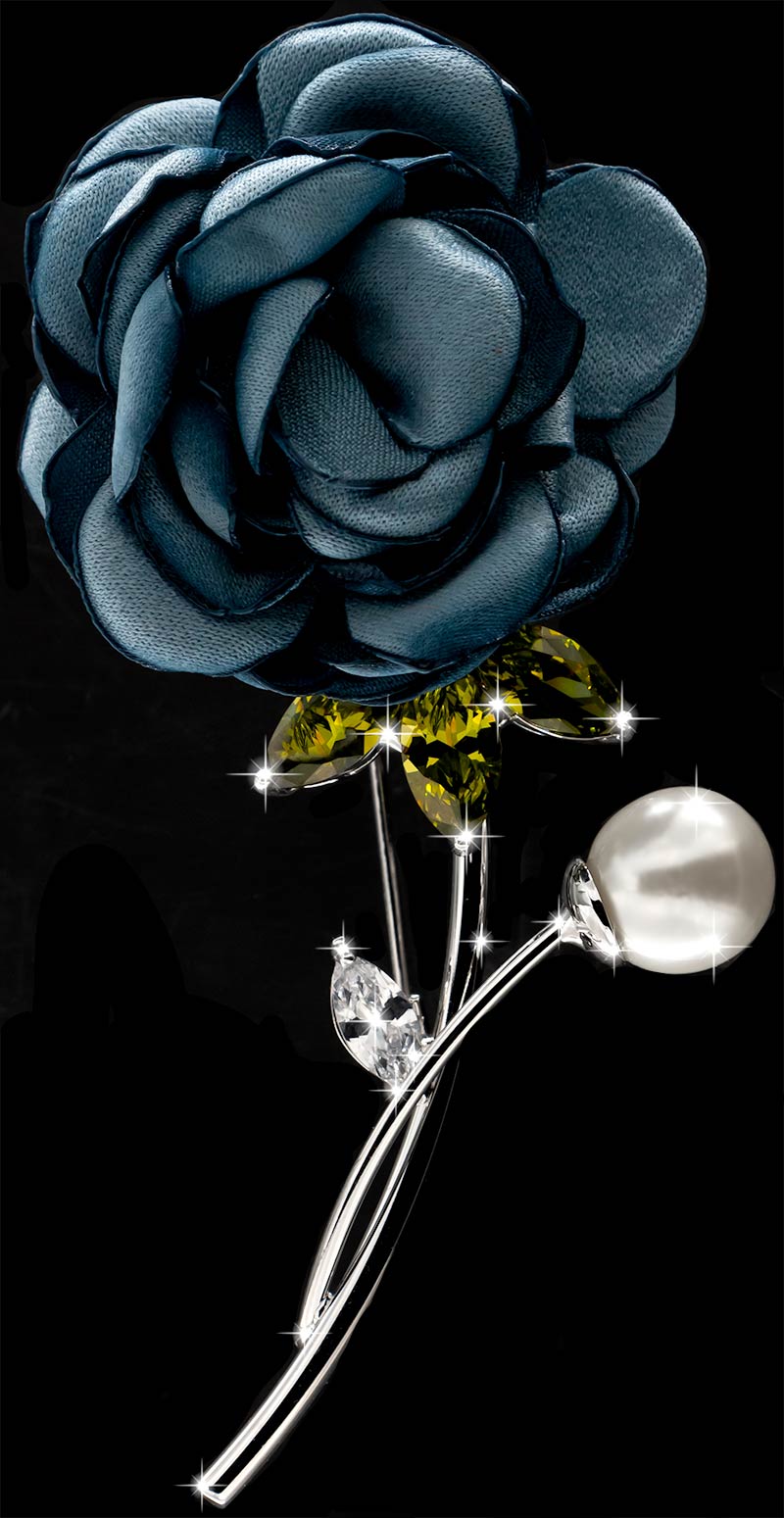 Brosche Rose silberfarben mit einer Perle, gelben und weissen Strass Steinen BR053 oben